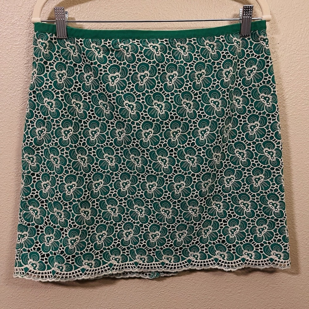 J. Crew Mini Skirt Lace All Over Embroidery Green‎ Ivory Garden Party Size 10